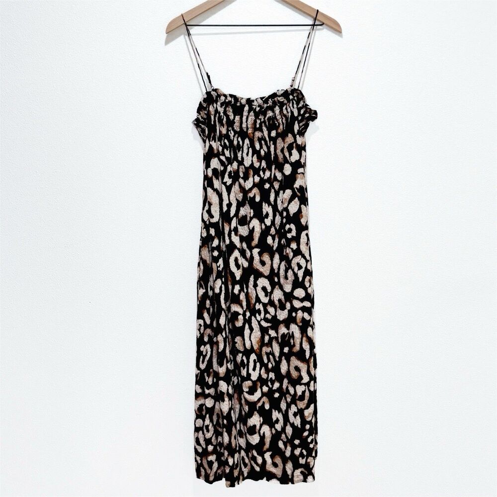 H&M Dress Womens Medium Black Leopard Print Midi Crinkle Boho Beach Tropical